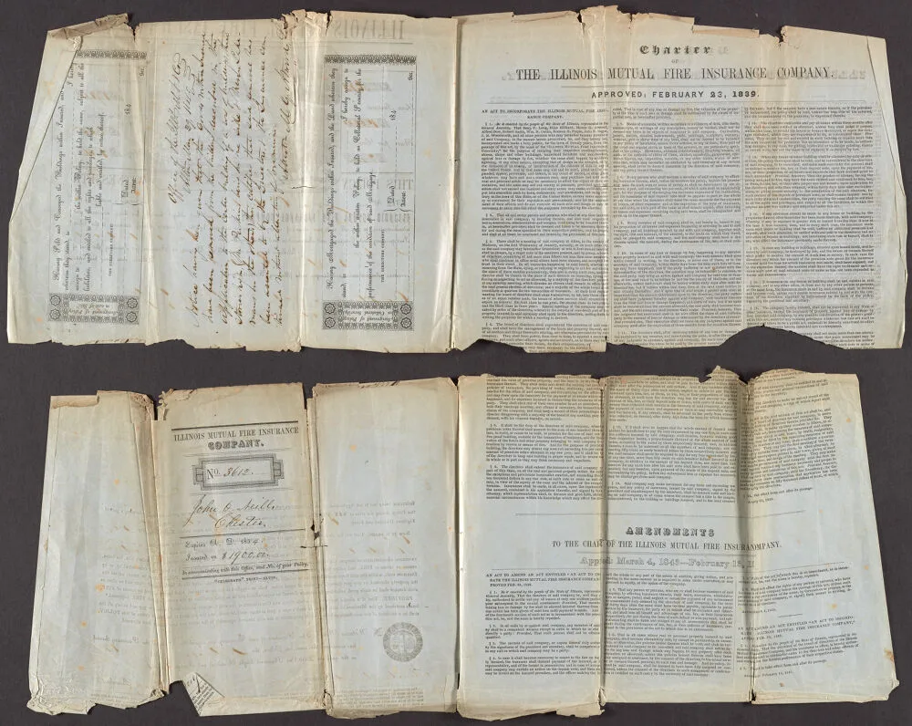 An insurance policy created by and for the Illinois Mutual Fire Insurance Company. This document includes the original Charter and amendments. The policy was created in Alton, Illinois on February 23 and April 4, 1839. Before you act on an insurance by industry review, check your policy against your business