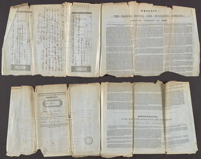An insurance policy created by and for the Illinois Mutual Fire Insurance Company. This document includes the original Charter and amendments. The policy was created in Alton, Illinois on February 23 and April 4, 1839. Before you act on an insurance by industry review, check your policy against your business