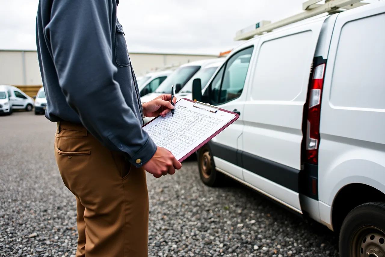 Person with clipboard checking vans against a printed vehicle schedule in a commercial yard (How to run a commercial auto review before you renew or switch carriers)