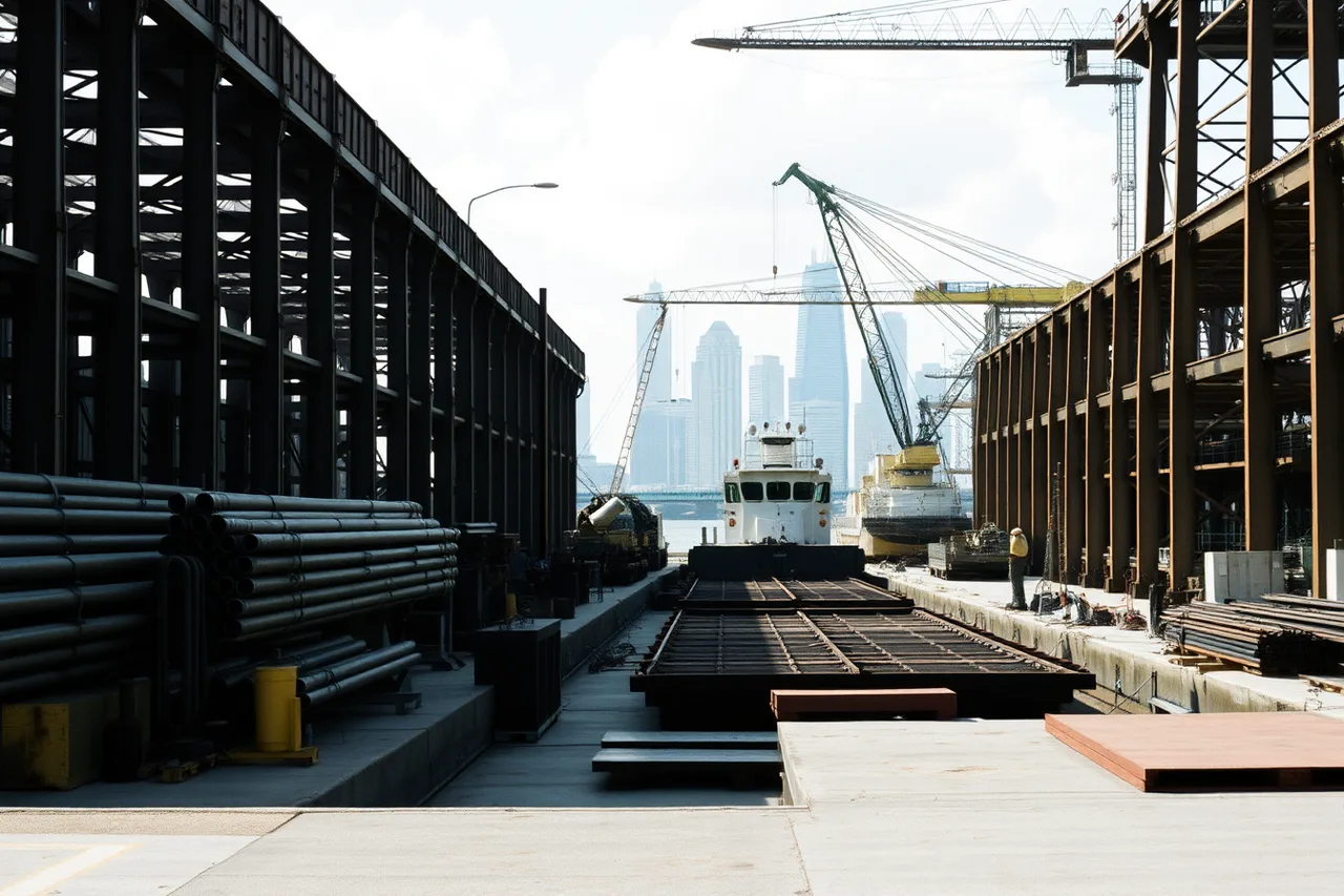 Fabrication yard on the Houston Ship Channel with barge and cranes (Houston energy and maritime industries, and their specialized commercial coverage needs)