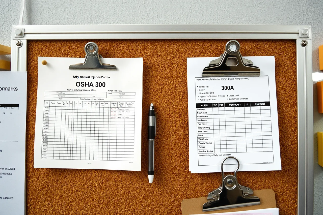 OSHA 300 log and 300A summary posted on a workplace safety board (What OSHA and state workers comp rules mean for your commercial coverage package)