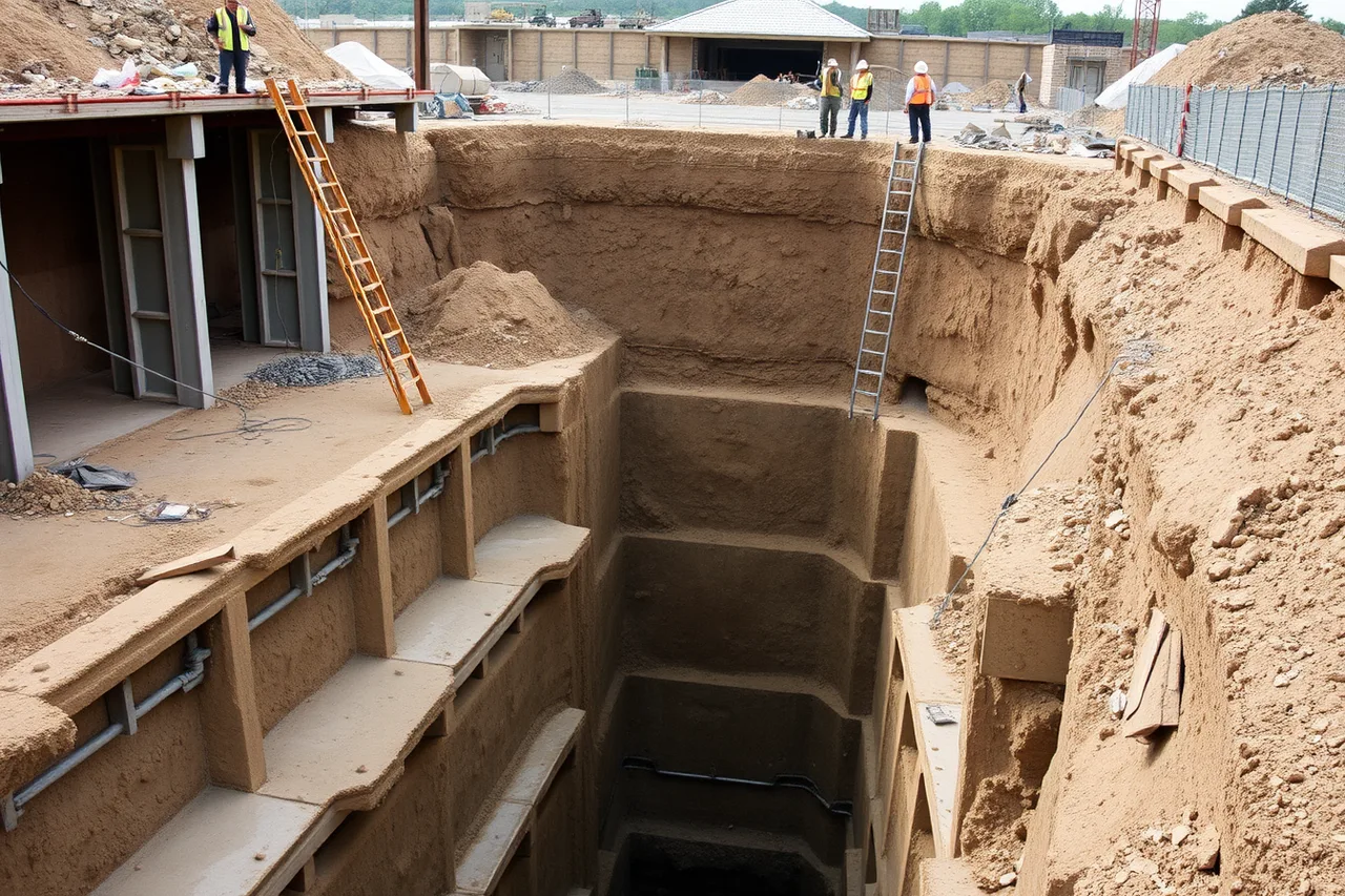 Steel trench box and shoring inside an open construction excavation (What OSHA and state workers comp rules mean for your commercial coverage package)